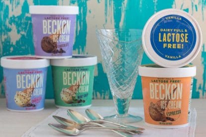 Beckon Ice Cream, Lactose Free! Pints, spoons ang glass cone