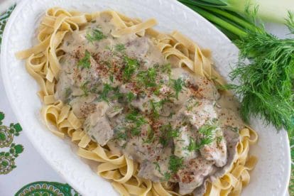 beef stroganoff on oval white platter