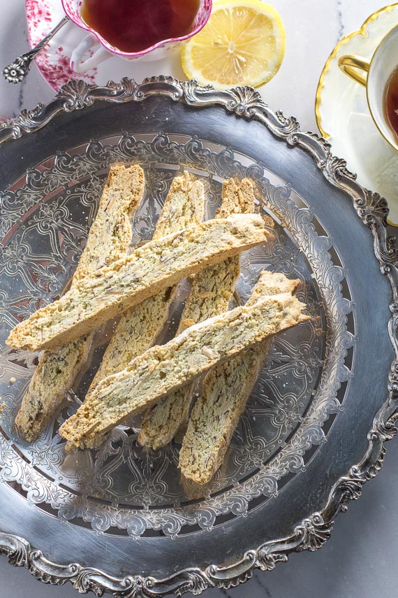 low FODMAP anise almond biscotti on a silver plate