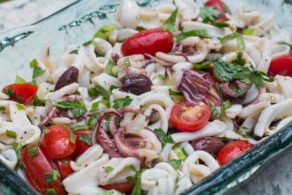 Calamari Salad in a glass dish