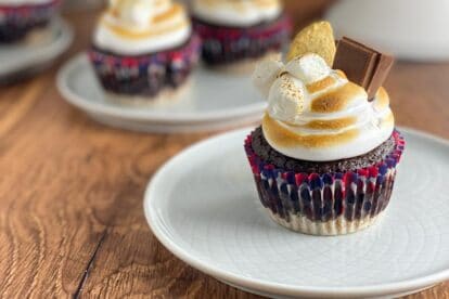 closeup image of Low FODMAP S'Mores Cupcakes on white plate and white cake stand in background