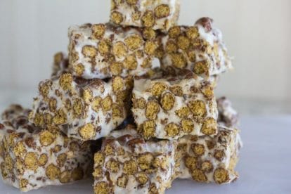 closeup of Chocolate Toasted Marshmallow Treats on white background
