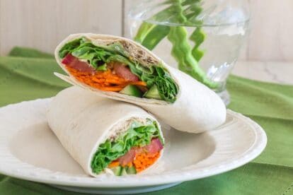 closeup of low FODMAP hummus wrap on white plate; green napkin
