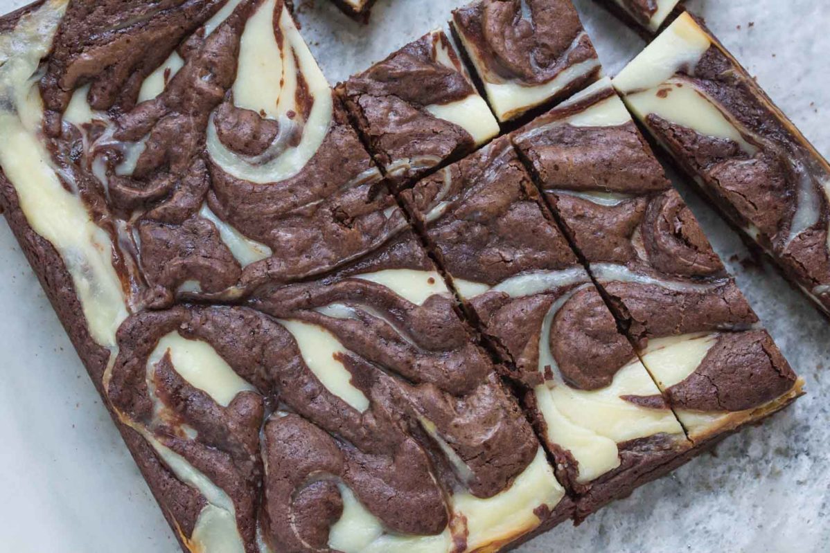 cream cheese brownies overhead image on quartz counter