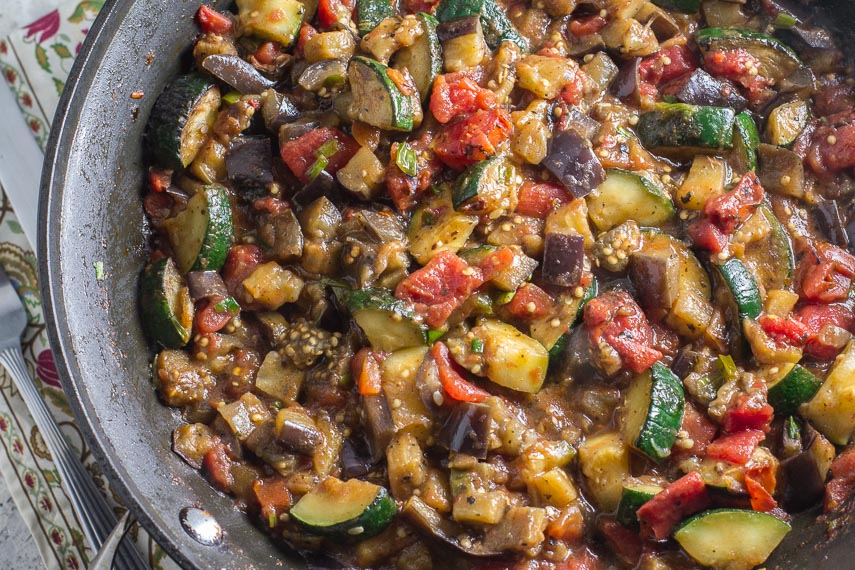 Quick & Easy Low FODMAP Eggplant Zucchini Tomato Pasta Sauce in skillet