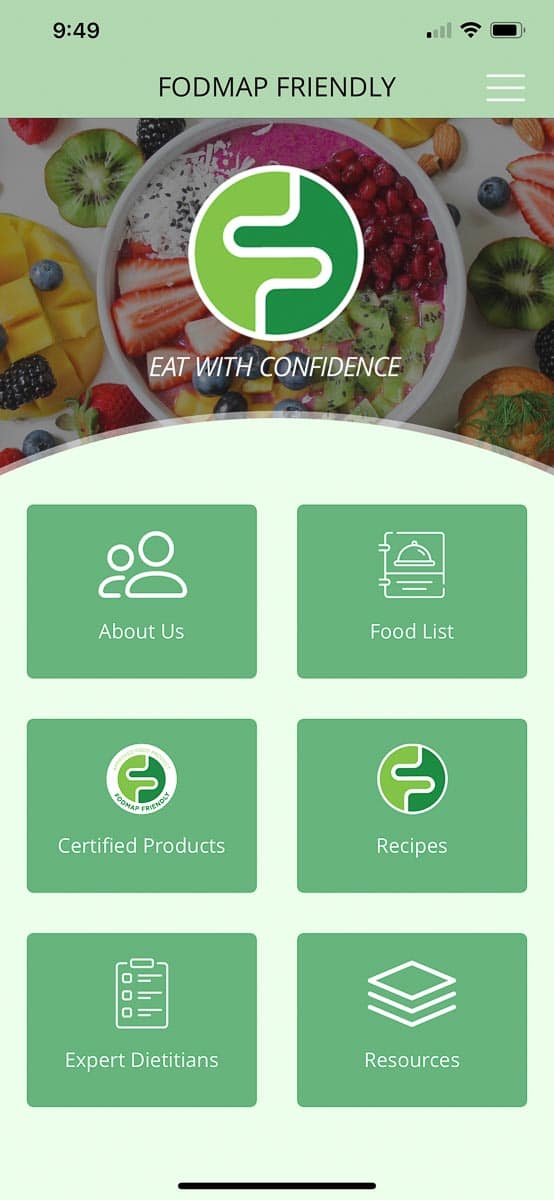 FODMAP Friendly home screen
