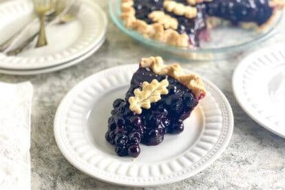 horizontal image of low FODMAP Fresh Blueberry Pie on white gray quartz and white plate 1
