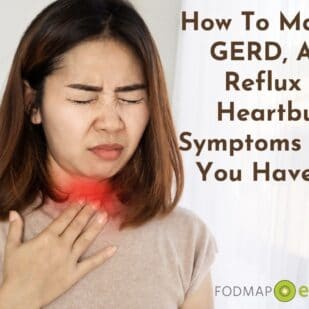 a young woman with brown hair, standing with her eyes closed in pain pressing a red area by her throat - How To Manage GERD, Acid Reflux and Heartburn Symptoms When You Have IBS