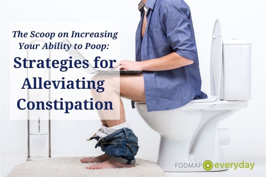 Strategies for Alleviating Constipation Side view of a white man sitting on a toilet with his pants around his ankles working on a laptop. Title: Strategies for Alleviating Constipation