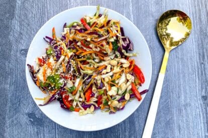 low FODMAP Asian inspired slaw on white plate with serving spoon.