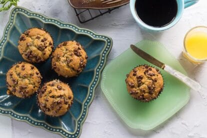 Low FODMAP Banana Chocolate Chip Muffins in pan and on plate