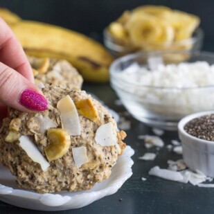 Low FODMAP Banana Coconut Oat Breakfast Cookies in hand