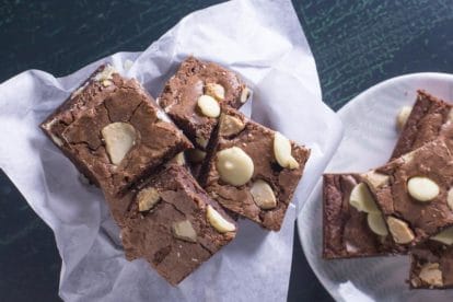 low FODMAP black & white brownies closeup in basket and on a plate