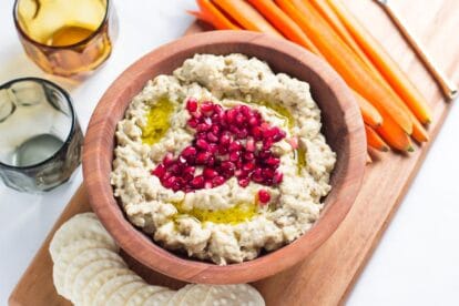 Low FODMAP eggplant dip in wooden bowl garnished with pomegranate seeds-2
