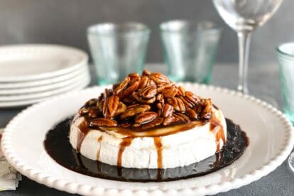 Low FODMAP Kahlua Pecan Brown Sugar Baked Brie on a platter