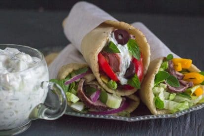 low FODMAP lamb gyros with feta tzatziki sauce