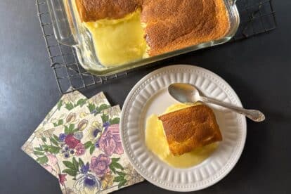 Low FODMAP Lemon Pudding Cake in pan and on plate.