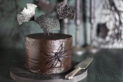 low FODMAP Pumpkin Layer Cake with Black Cocoa Frosting and BATS & SPIDERS!