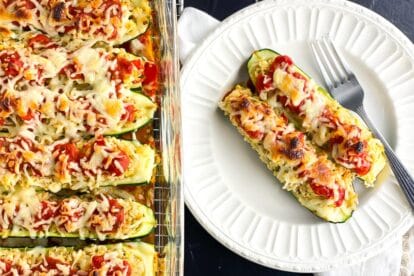 low FODMAP stuffed zucchini boats in glass baking dish and also alongside on white plate with fork