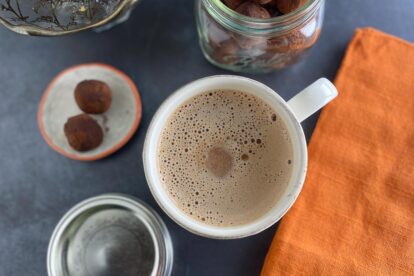Main Horizontal low FODMAP Hot Chocolate Truffle Bombs in jar and made into hot chocolate