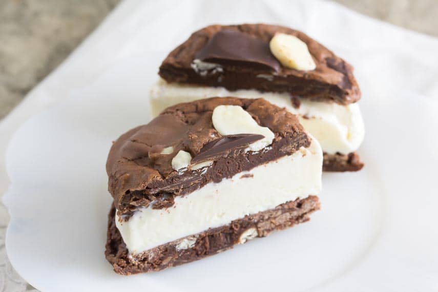 menage a trois ice cream sandwich, cut in half on white plate