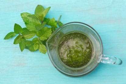 Mint Salsa verde in clear pitcher with fresh mint alongside