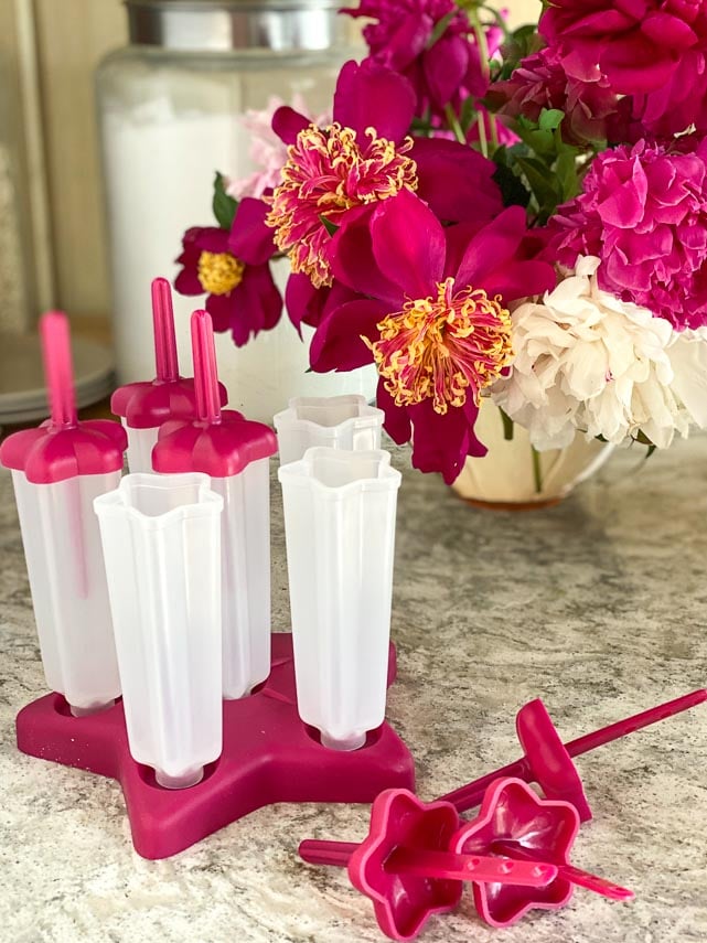 mold for popsicles on quartz surface, peonies in background