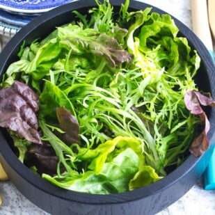 No FODMAP Leafy Green Salad in wooden bowl