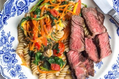No FODMAP steak and pasta on blue and white plate