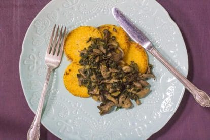 overhead image of Low FODMAP Polenta with Sautéed Mushrooms & Kale