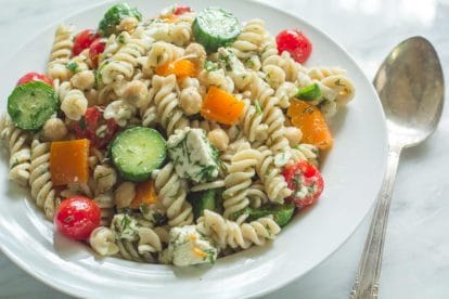 Fusilli Pasta Salad with Chickpeas & Feta in a white bowl