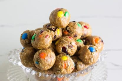 pile of Low FODMAP Trail Mix Energy balls in clear glass bowl