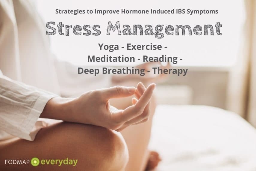 A side view of a woman sitting meditating. With the text Stress Management. 