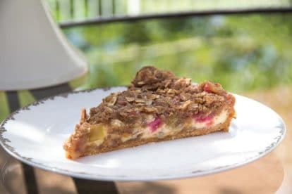 Slice of Low FODMAP Rhubarb Cheesecake Tart on white plate, oustide on glass table in grassy yard