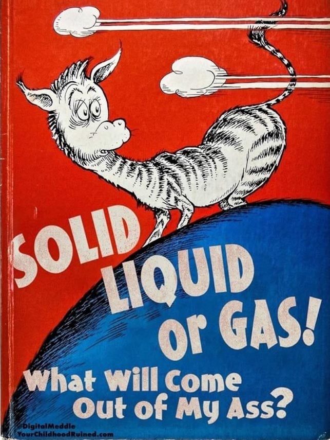 Dr. Seuss like cover of a humorous children's book titled Solid, Liquid or Gas - What will come out of my ass?