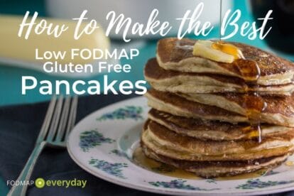 stack of buttermilk pancakes with syrup poured on top