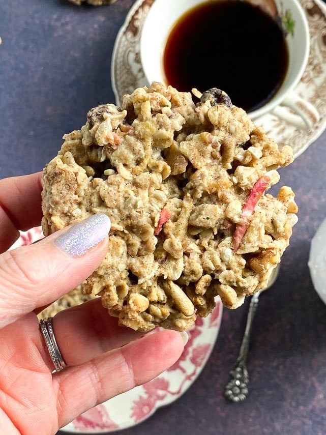 Closeup of low FODMAP Apple Oat Breakfast Cookie held in hand