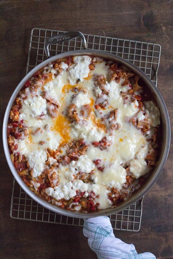 vertical overhead image of low FODMAP skillet lasagna