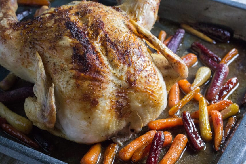 whole roast chicken with Rainbow Carrots