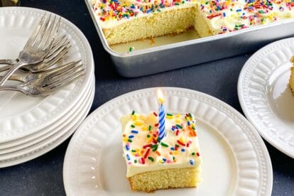 yellow-snack-cake-with-buttercream-rainbow-sprinkles-and-blue-candle-on-white-plate-1