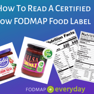 Featured Image for Article About How To Read A Certified Low FODMAP Product Label - a collage of two photos of salsa jars and two nutrition panesl on a purple background.